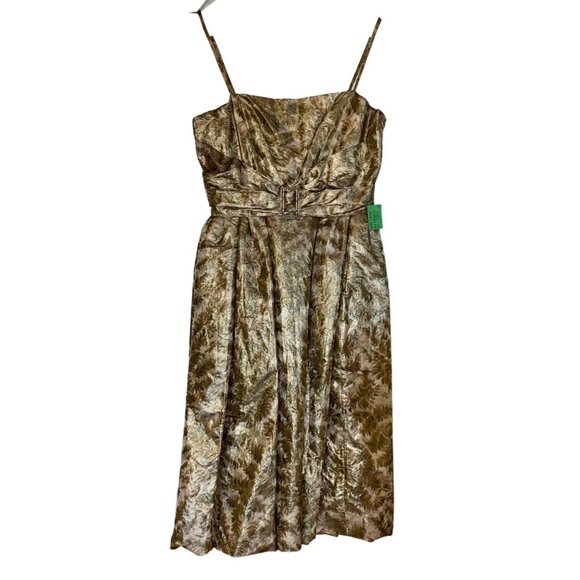 Handmade Gold & Brown Fern Print Dress W/ Crystal-Like Belt Buckle Spaghetti Str - Picture 5 of 8